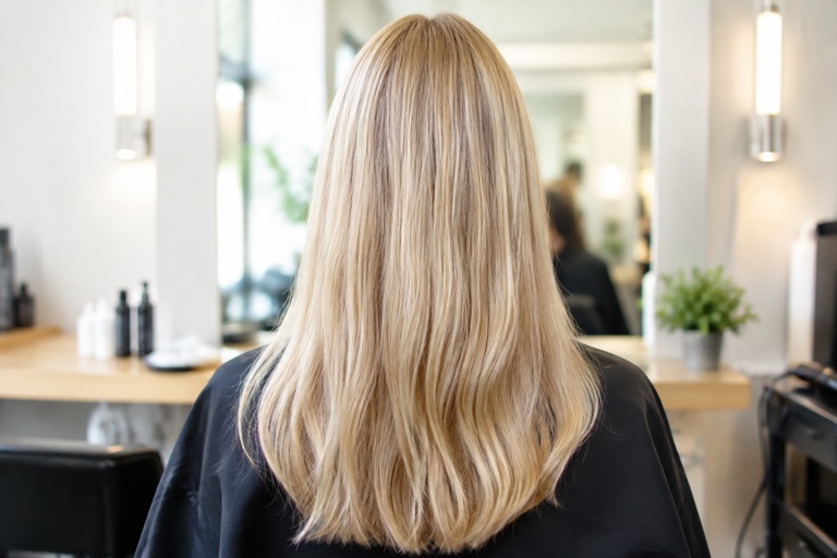 Rückansicht von langem Mittelblond mit gleichmäßiger Farbverteilung