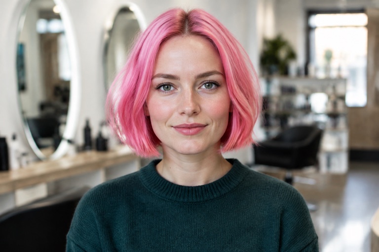 Frau mit kinnlangem Bob in kräftigem Pink