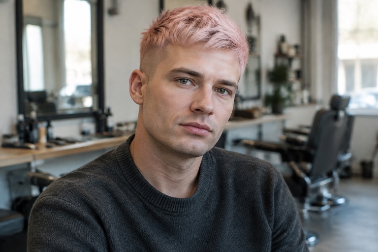 Mann mit kurzem, texturiertem Haar in pastelligem Rosa