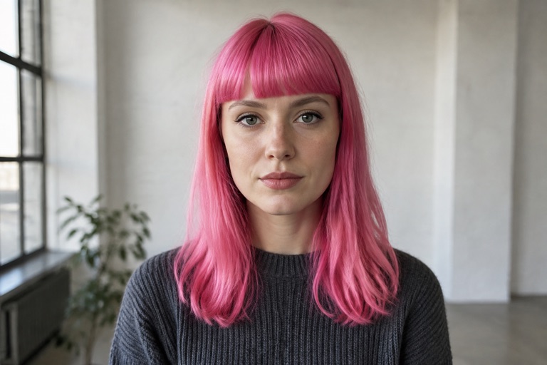 Junge Frau mit geradem Pony und rosa gefärbtem Haar
