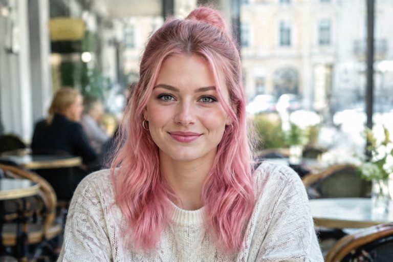 Frau mit halb hochgebundenem, rosa gefärbtem Haar