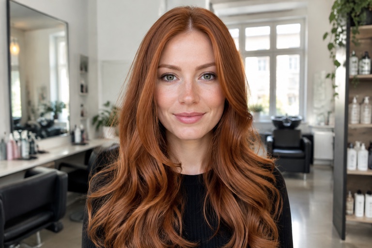 Frau mit langen Haaren in hellem, warmem Kupfer-Rotbraun