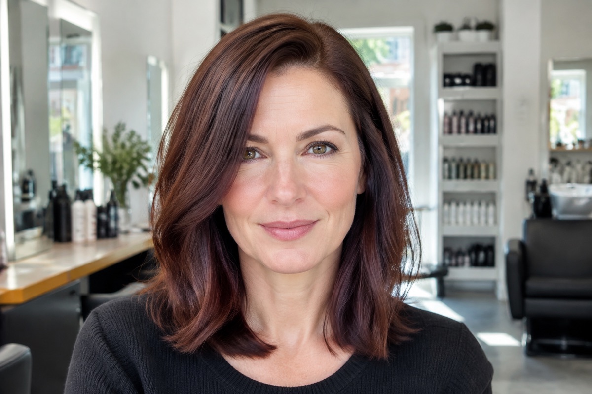 Frau mit schulterlangem Long Bob in fast schokoladigem Dunkelrotbraun