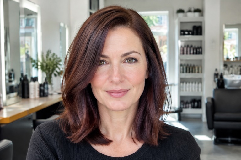 Frau mit schulterlangem Long Bob in fast schokoladigem Dunkelrotbraun