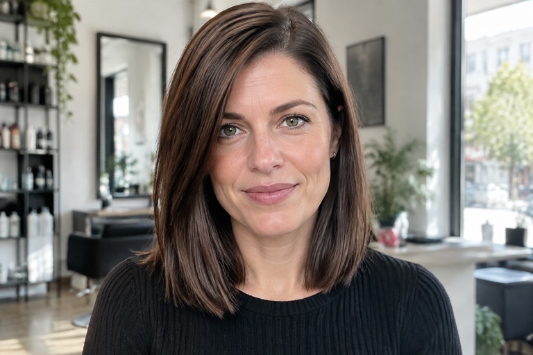 Frau mit schulterlangem Long Bob in glänzendem Schokobraun
