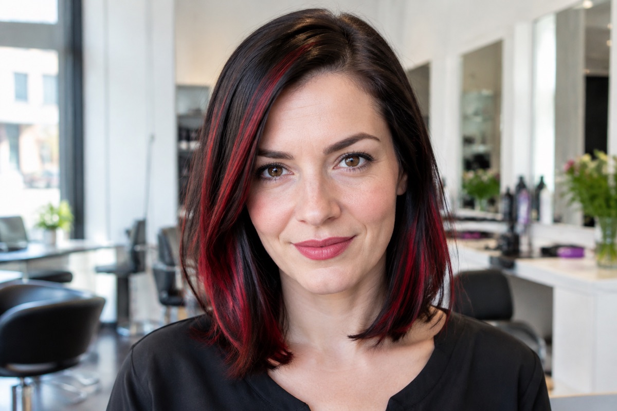 Frau mit schulterlangem Long Bob, schwarzem Haar und roten Strähnen