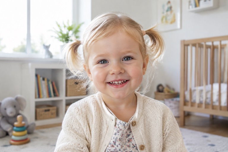 Kleinkind mit feinem Haar in zwei kleinen Mini-Zöpfchen, Hellblond