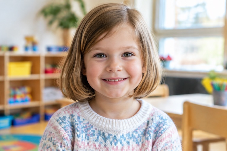 Kleines Mädchen mit frechem Bob in Kinnlänge, Dunkelblond