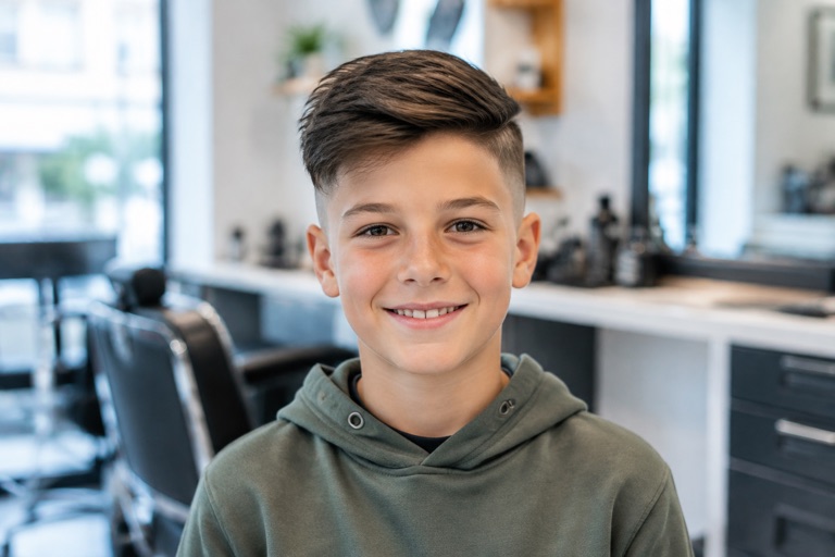 Junge mit Undercut, Seiten kurz und Deckhaar länger, Dunkelbraun