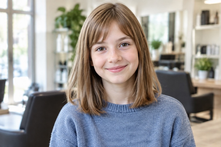 Mädchen mit Long Bob in Schulterlänge und dezentem Pony, Hellbraun