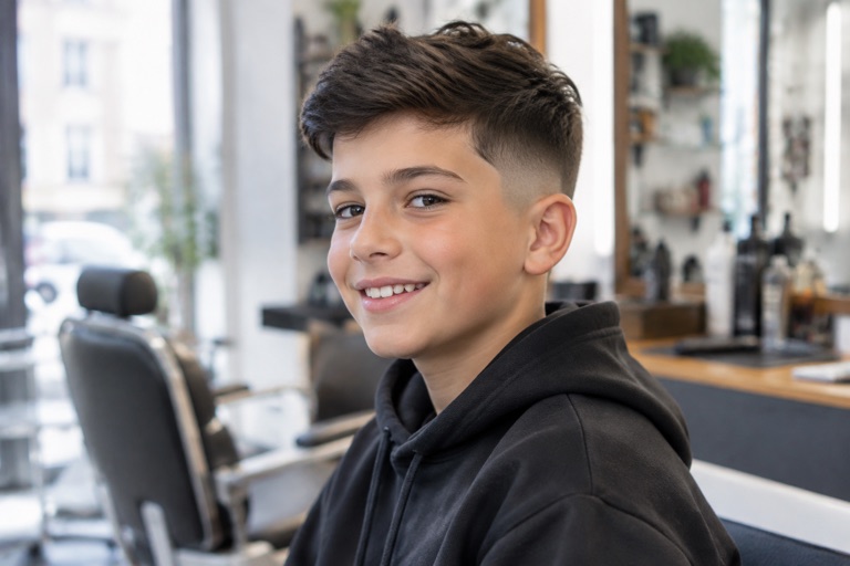 Junge mit Fade-Haarschnitt und etwas Länge oben, Schwarzbraun