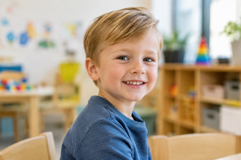 Kleiner Junge mit kurzem Haar und weichem, seitlich fallendem Pony, Mittelblond