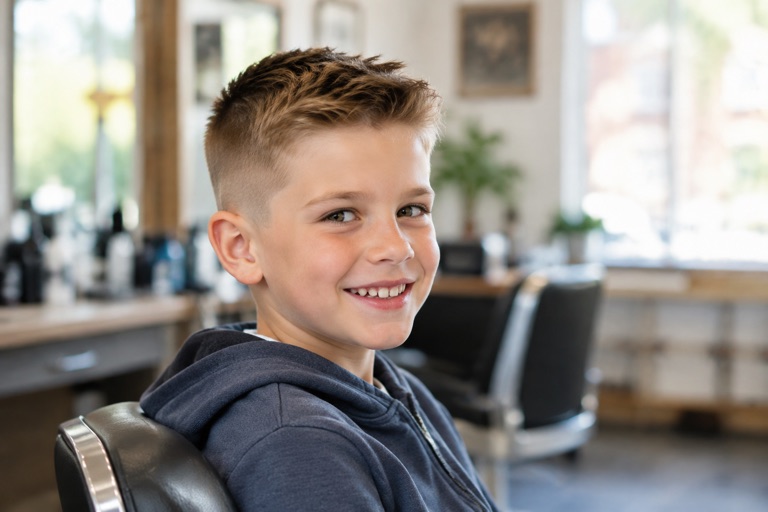 Junge mit kurzem Fade an den Seiten und mehr Länge oben, Hellbraun