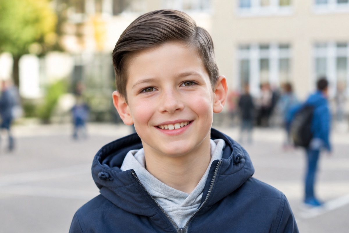 Junge mit kurzem Haar und klarem Seitenscheitel, Mittelbraun