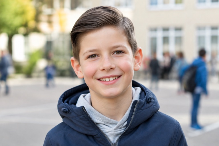 Junge mit kurzem Haar und klarem Seitenscheitel, Mittelbraun
