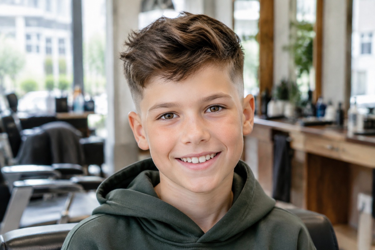 Junge mit Undercut, Seiten kurz und Deckhaar deutlich länger, Dunkelbraun