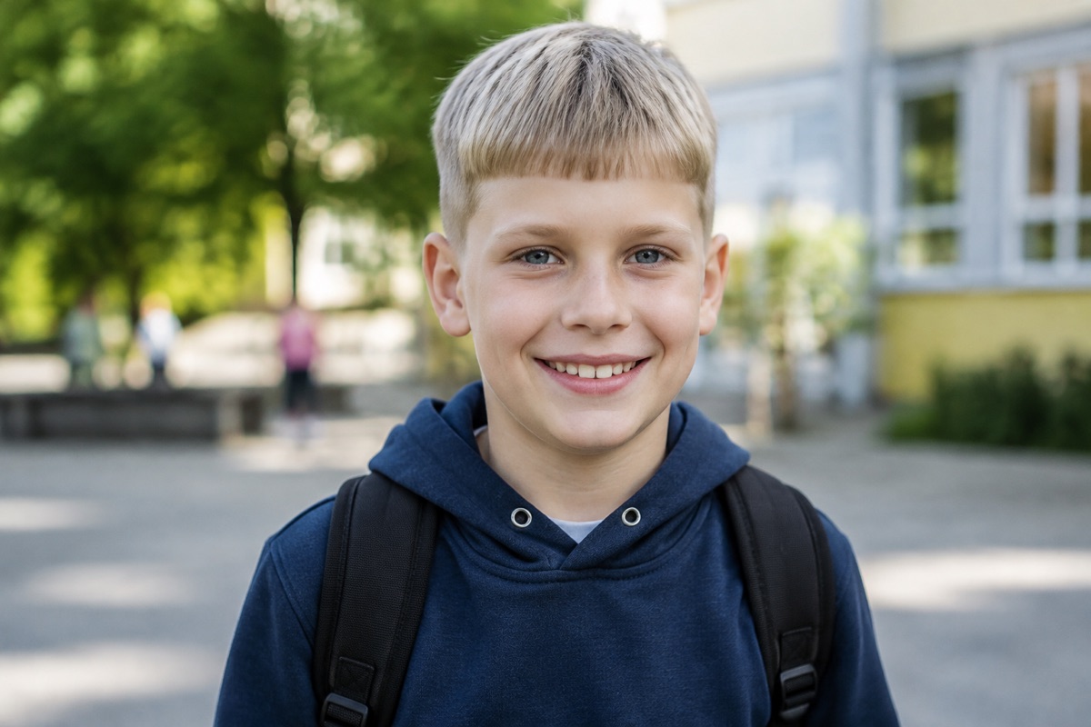 Junge mit Caesar-Schnitt, kurzem, geradem Pony und gleichmäßiger Kürze, Hellblond