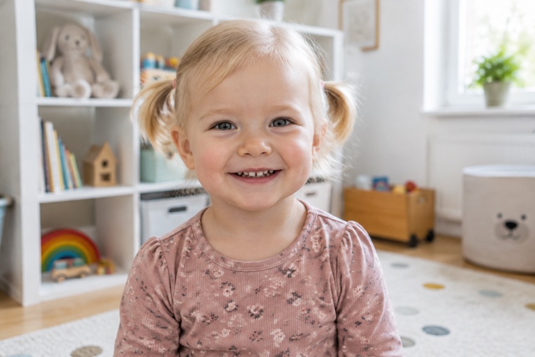 Kleinkind mit feinem Haar in zwei kleinen Mini-Zöpfchen, Hellblond