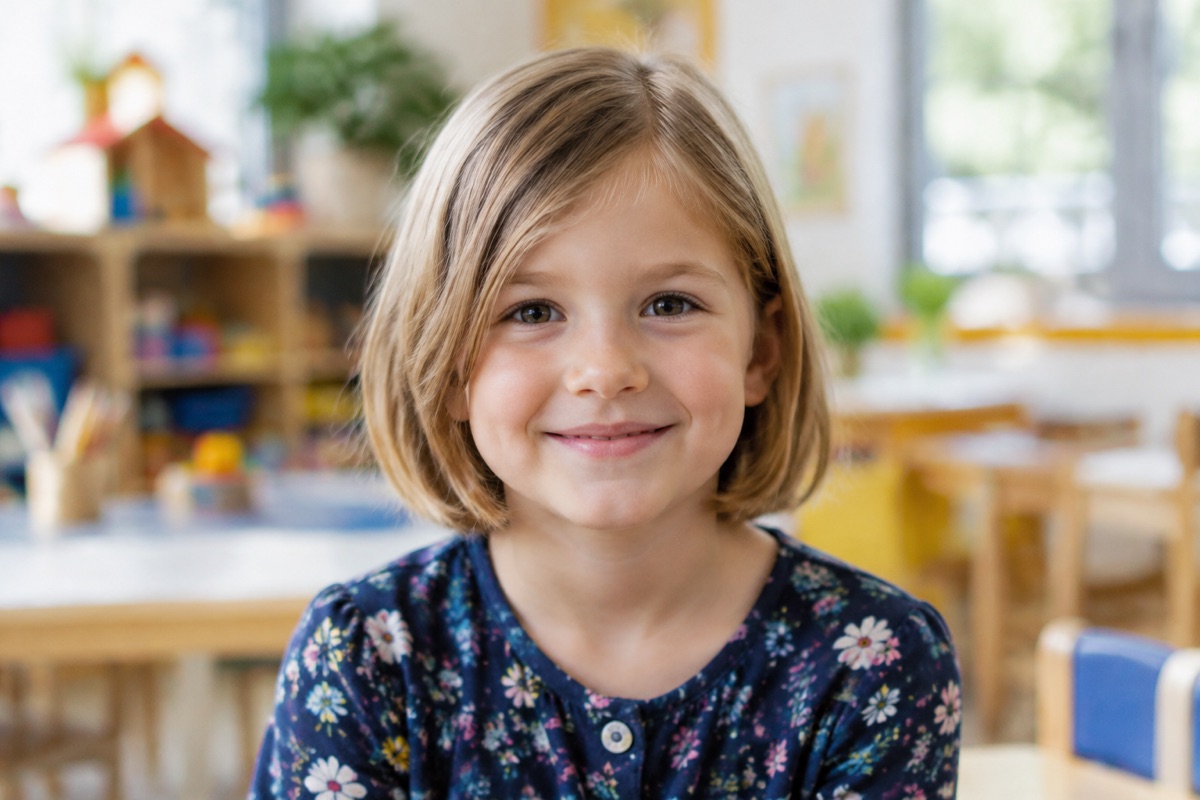 Kleines Mädchen mit frechem Bob in Kinnlänge, Dunkelblond