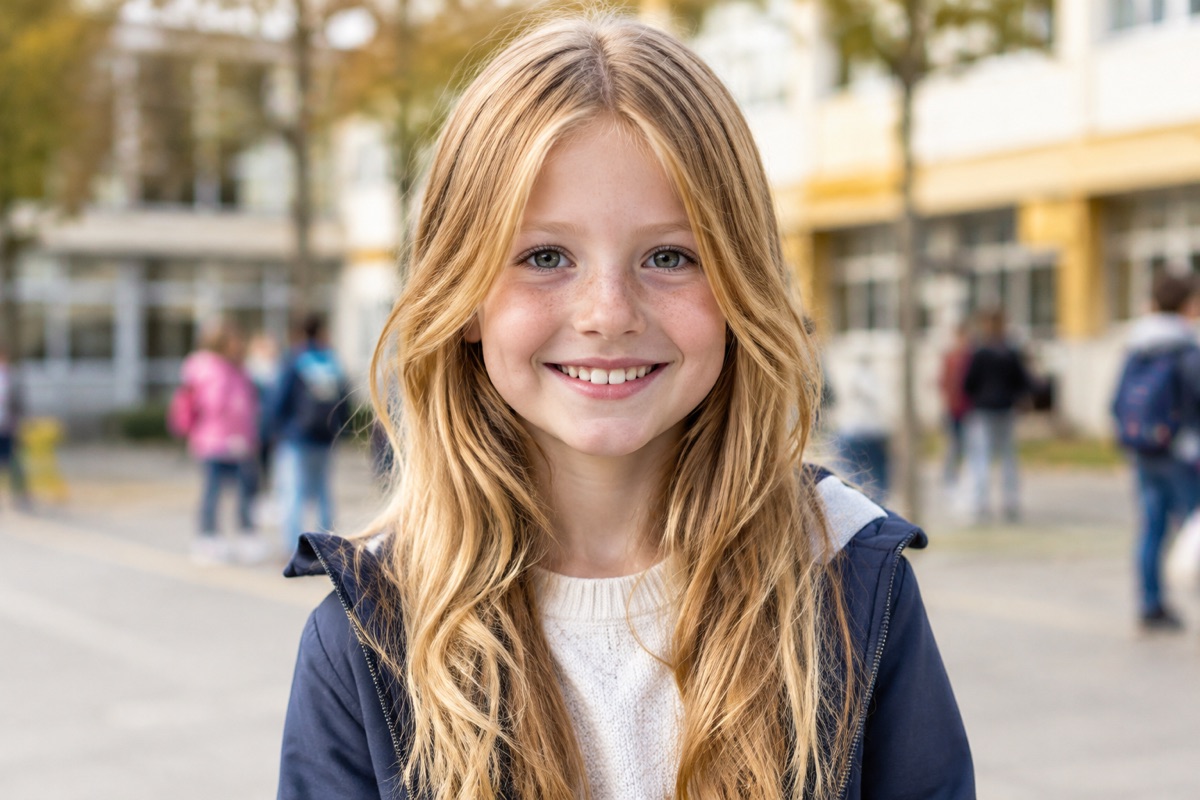 Mädchen mit langen, leicht gestuften Haaren, Kupferblond