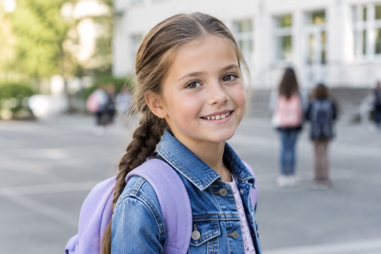 Mädchen mit langem Haar in geflochtenem Pferdeschwanz, Mittelbraun