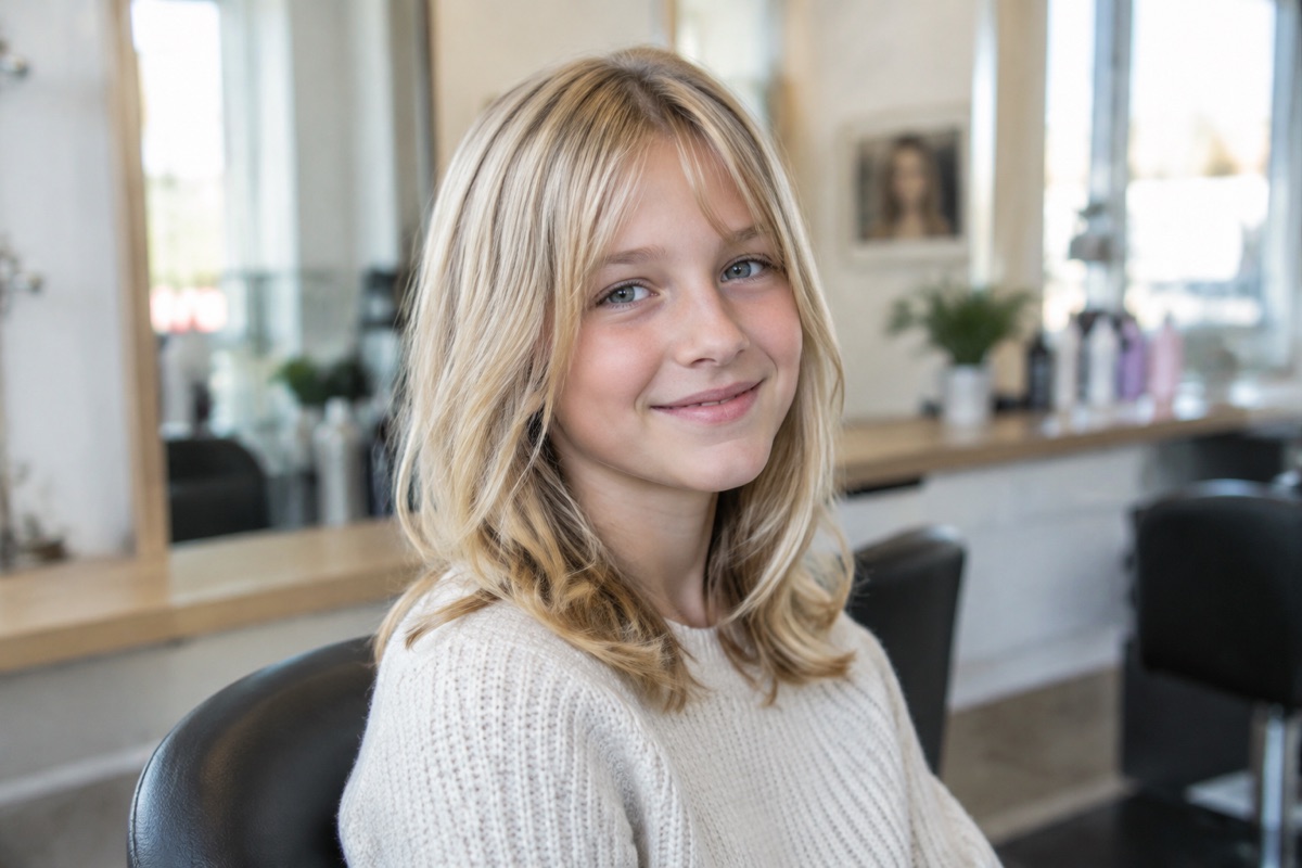 Mädchen mit mittellangen, gelayerten Haaren und dezentem Pony, Hellblond