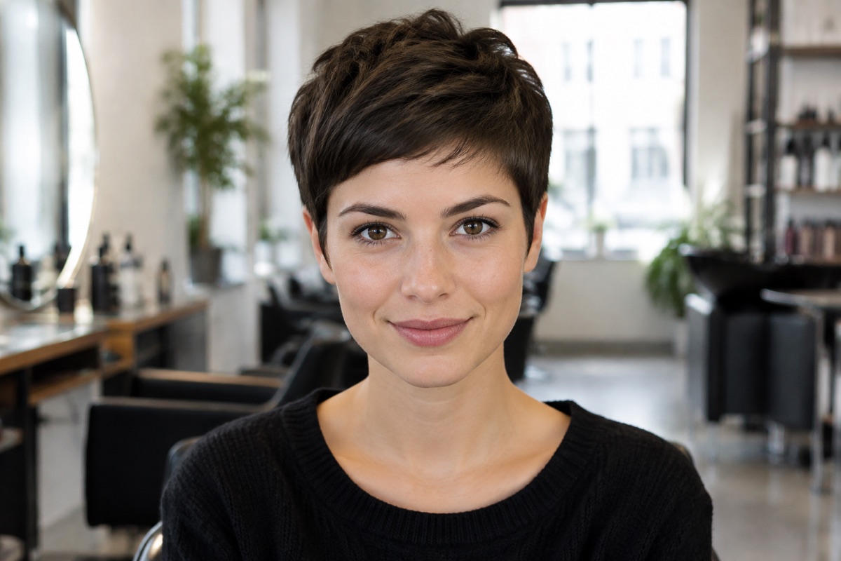 Frau mit klassischem, kurzem Pixie Cut, Dunkelbraun, Blick nach vorn