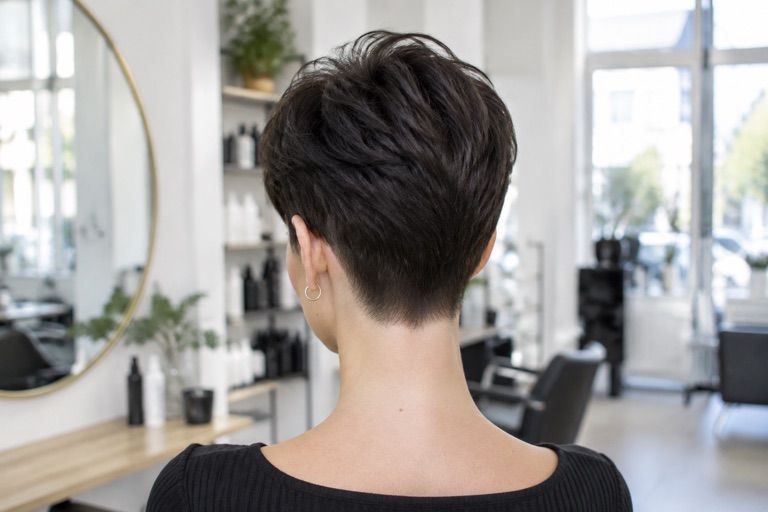 Rückansicht eines kurzen Pixie Cuts mit sauberer Nackenlinie, Schwarzbraun