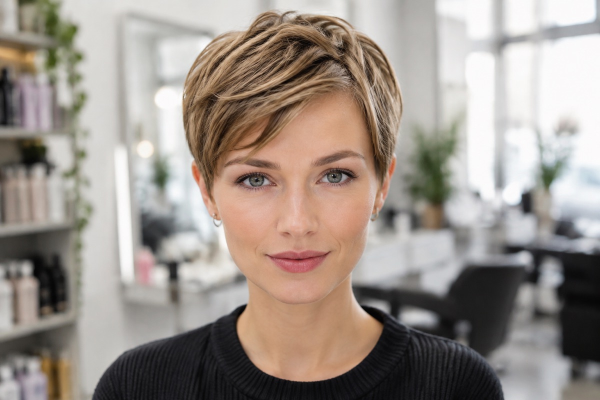 Frau mit feminin geschnittenem Pixie Cut, Dunkelblond, Blick nach vorn