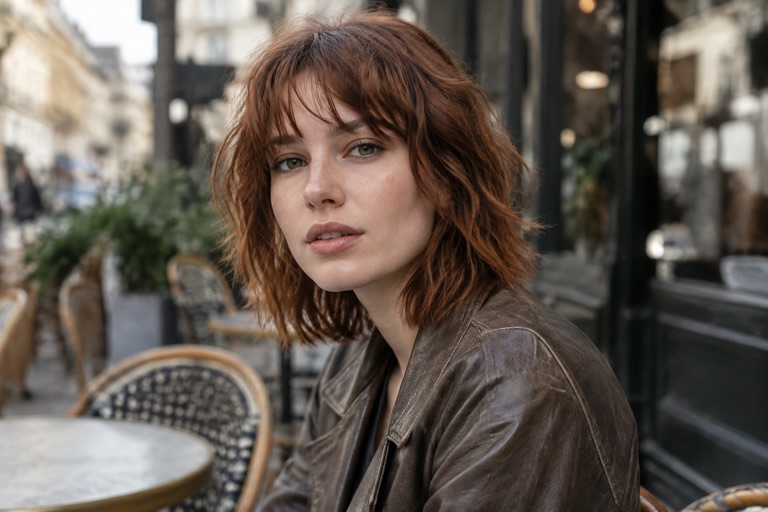 Frau mit stufigem Shaggy Cut und lässigem Undone-Styling, Kupferbraun, Dreiviertelansicht