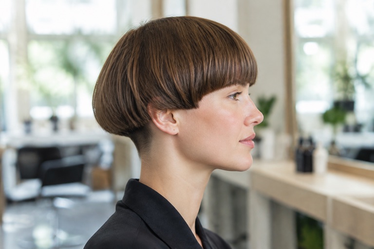 Frau mit rundgeschnittenem Bowl Cut, Mittelbraun, Seitenansicht