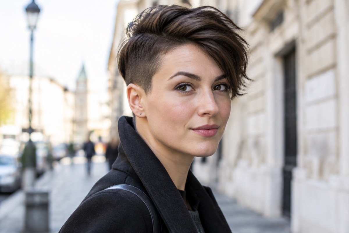 Frau mit Undercut und längerem Deckhaar, Dunkelbraun, Dreiviertelansicht