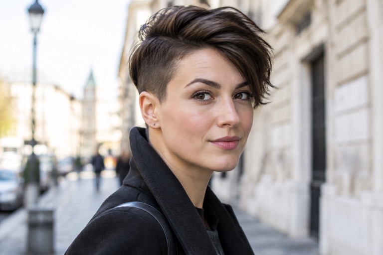 Frau mit Undercut und längerem Deckhaar, Dunkelbraun, Dreiviertelansicht