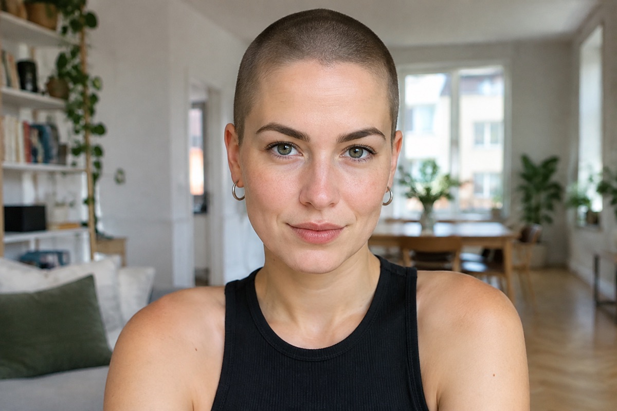Frau mit sehr kurzem, maschinell geschnittenem Buzz Cut, Blick nach vorn