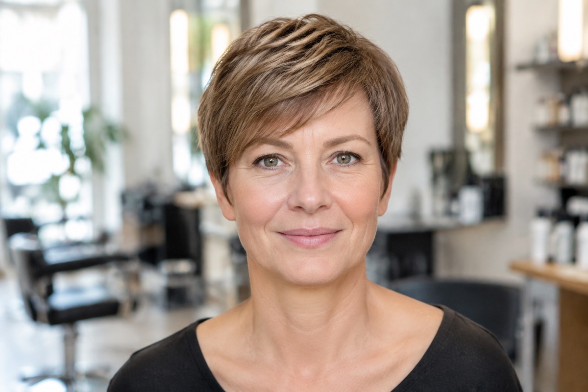 Frau Anfang 50 mit klassischem Pixie Cut und seitlichem Pony in Hellbraun