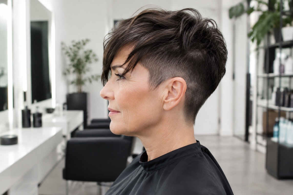Seitenansicht einer Frau Ende 50 mit Undercut-Pixie in Dunkelbraun