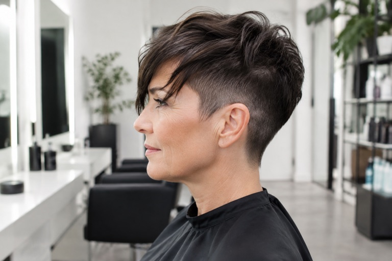 Seitenansicht einer Frau Ende 50 mit Undercut-Pixie in Dunkelbraun