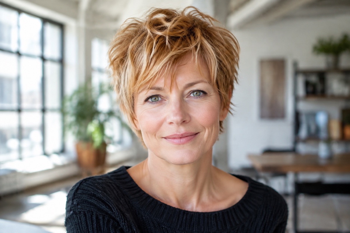 Frau Anfang 50 mit fransigem Shaggy Pixie in Kupferblond