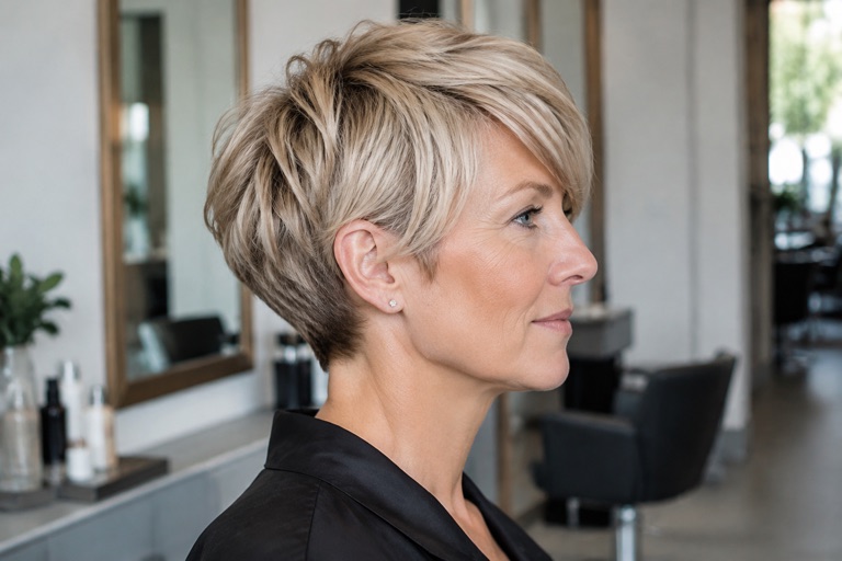 Frau Ende 50 mit Longpixie und Seitenpony in Aschblond, Blick zur Seite