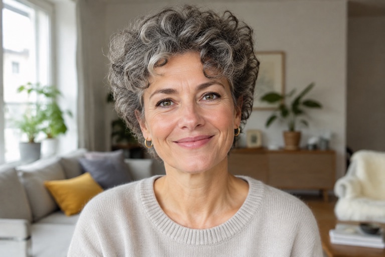 Frau Ende 50 mit lockigem Curly Pixie in Naturgrau