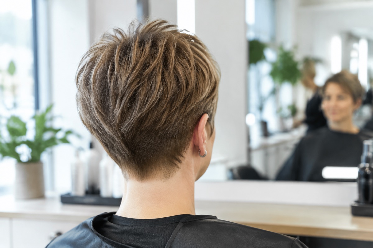 Rückansicht eines Pixie Cuts mit sauber geschnittenem Übergang im Nacken bei einer Frau Anfang 50