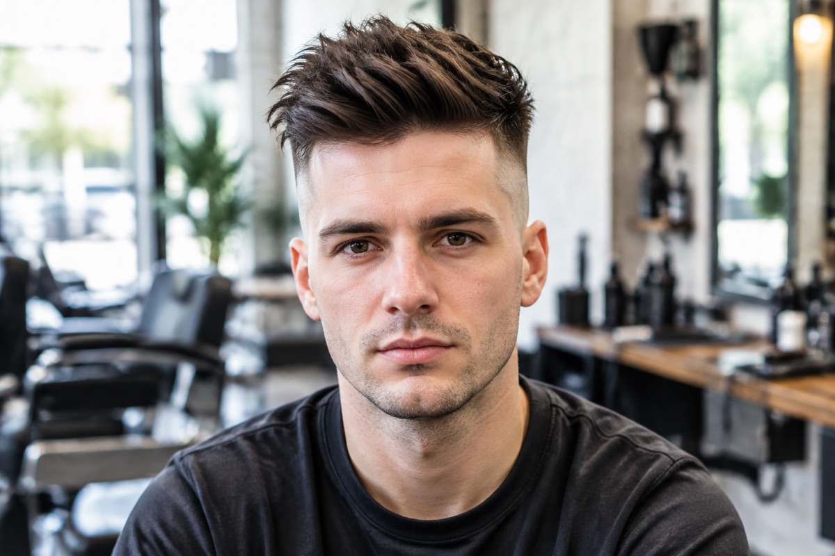 Mann mit Undercut, Seiten sehr kurz rasiert und deutlich längerem Deckhaar, Dunkelbraun