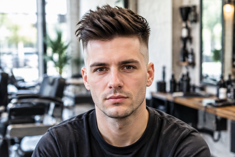 Mann mit Undercut, Seiten sehr kurz rasiert und deutlich längerem Deckhaar, Dunkelbraun