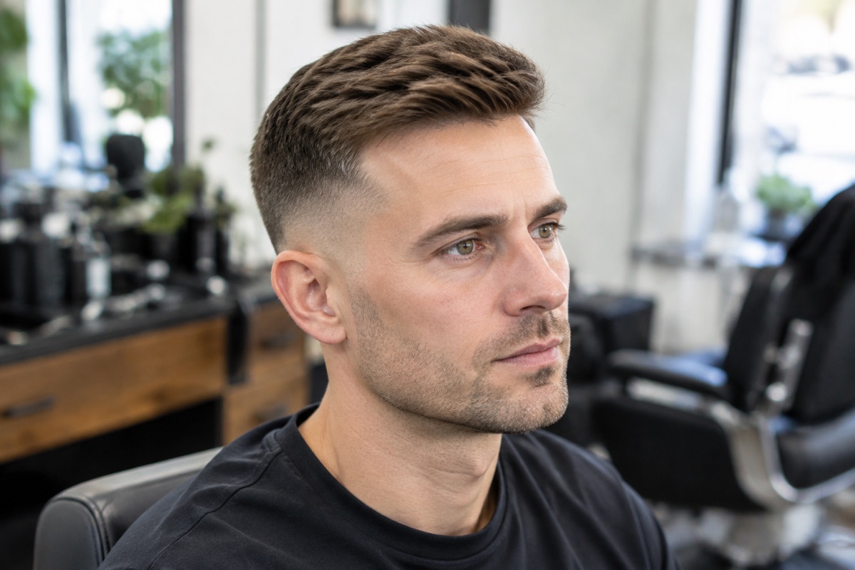 Mann mit Taper Fade, Seiten laufen weich ohne harte Kante aus, Mittelbraun