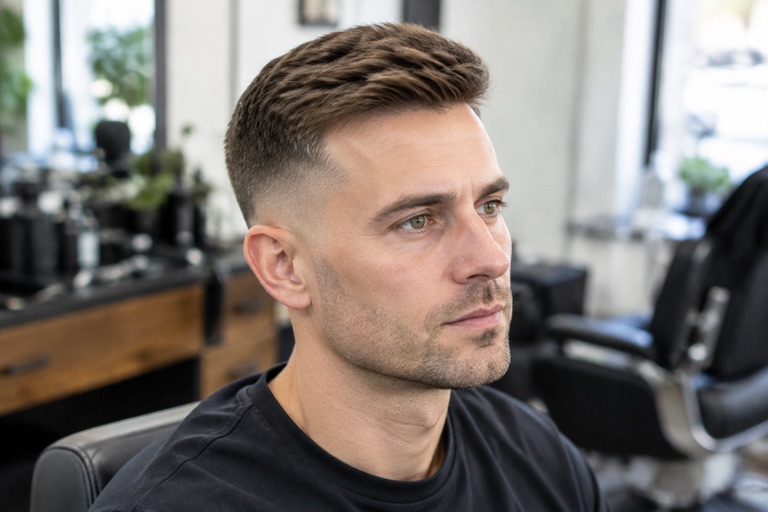 Mann mit Taper Fade, Seiten laufen weich ohne harte Kante aus, Mittelbraun