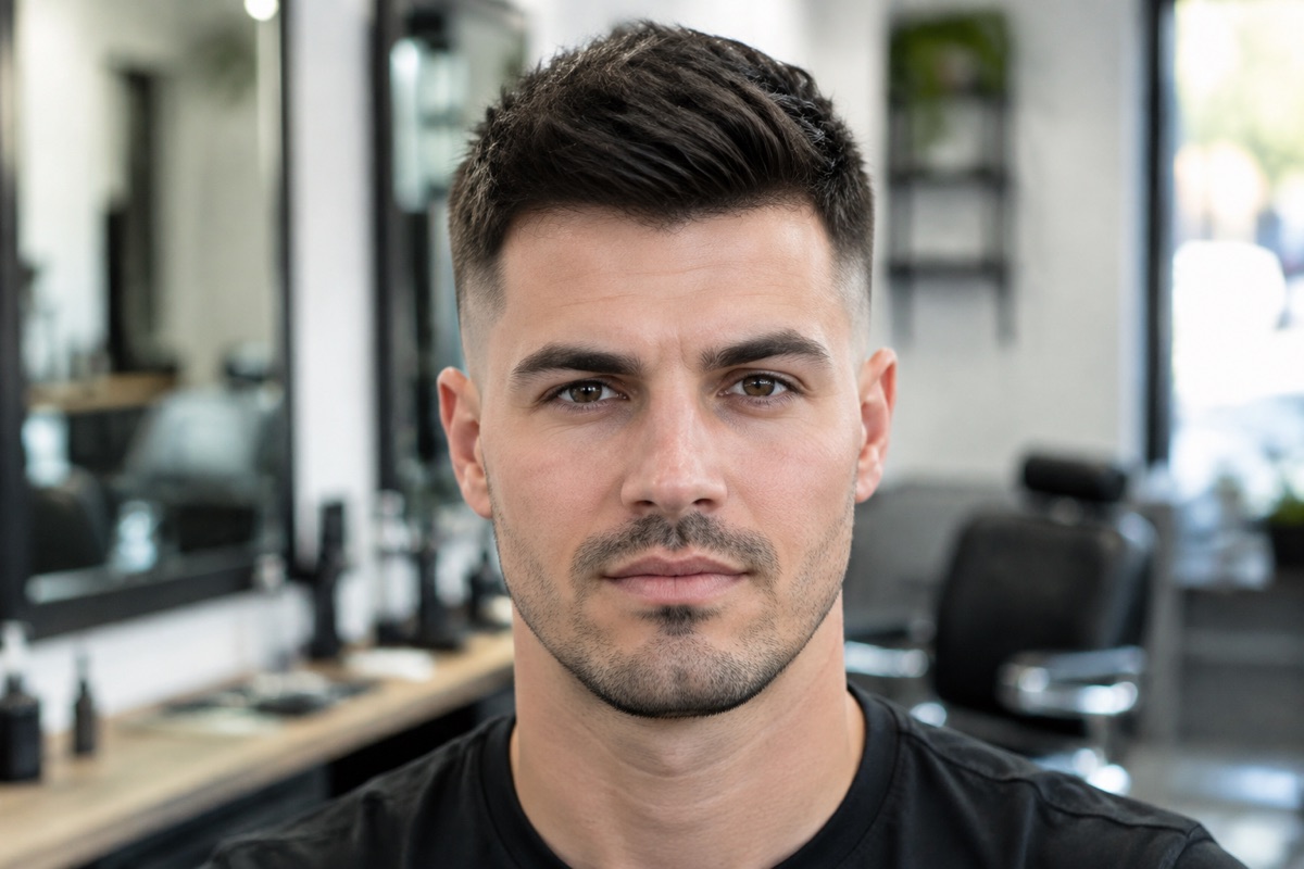Mann mit Mid Fade, Übergang setzt mittig an den Seiten an, Schwarzbraun