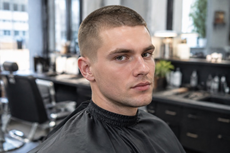 Mann mit Buzz Cut, rundum gleichmäßig kurz mit der Maschine geschnitten, Hellbraun