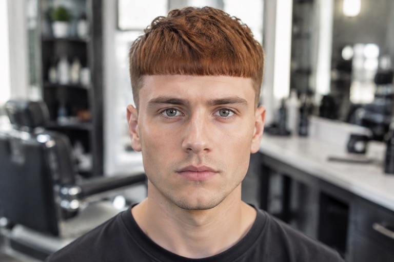 Mann mit French Crop, kurzes Deckhaar mit geradem Pony, Kupferbraun