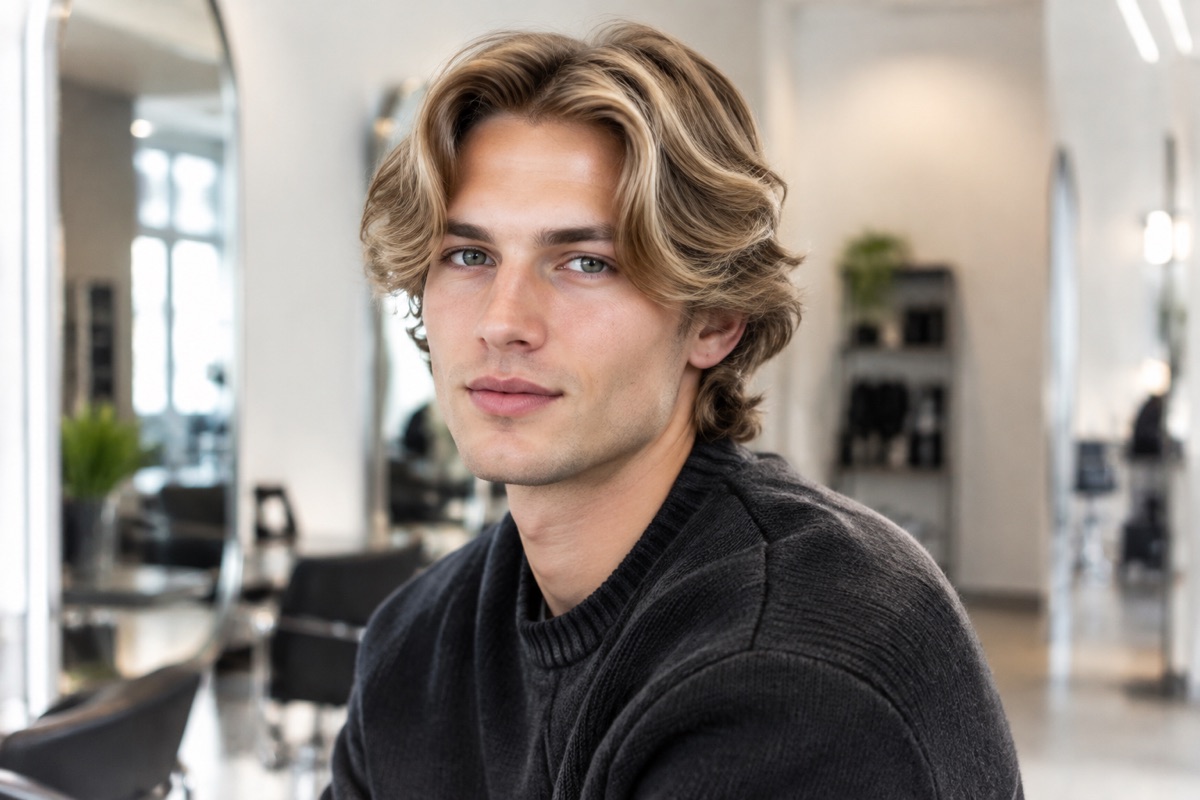Mann mit mittellangem Deckhaar und Mittelscheitel im Curtains-Stil, Dunkelblond