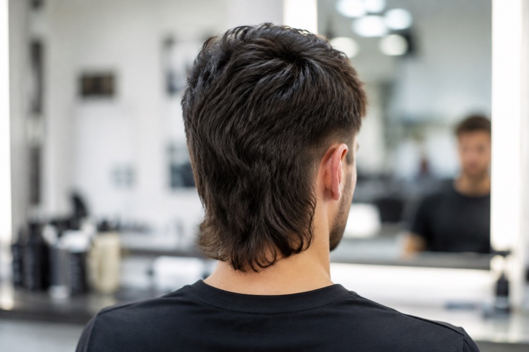 Rückansicht eines modernen Mullets, kurz an den Seiten und lang im Nacken, Schwarzbraun